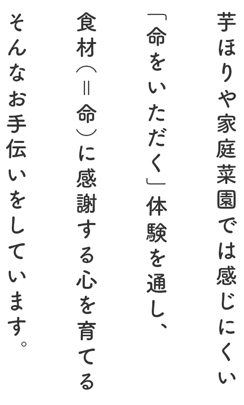 芋ほりや家庭菜園では感じにくい「命をいただく」体験を通し、食材(=命)に感謝する心を育てるそんなお手伝いをしています。